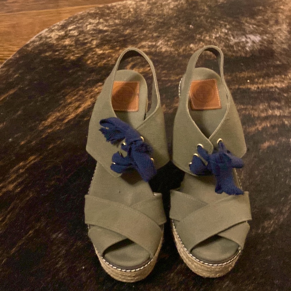 Tory Burch khaki and navy amazing wedges. Worn twice excellent condition 10.